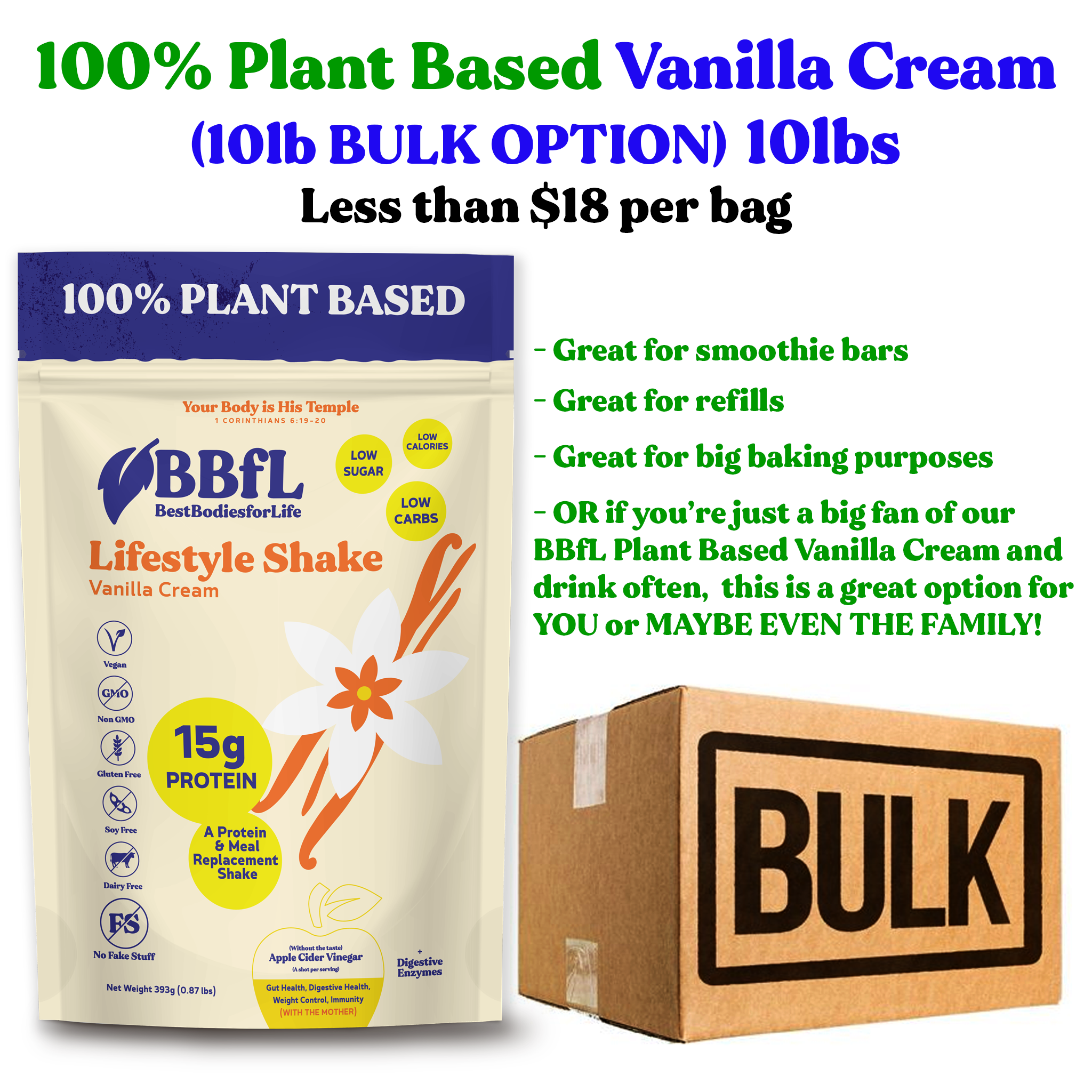Plant Based Vanilla Cream Shake - BULK OPTION - **FREE SHIPPING**