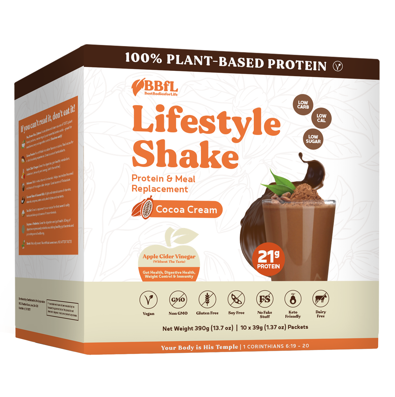 BBfL Plant Based Life style Protein Meal Replacement Shake, Cocoa (10 Pack)