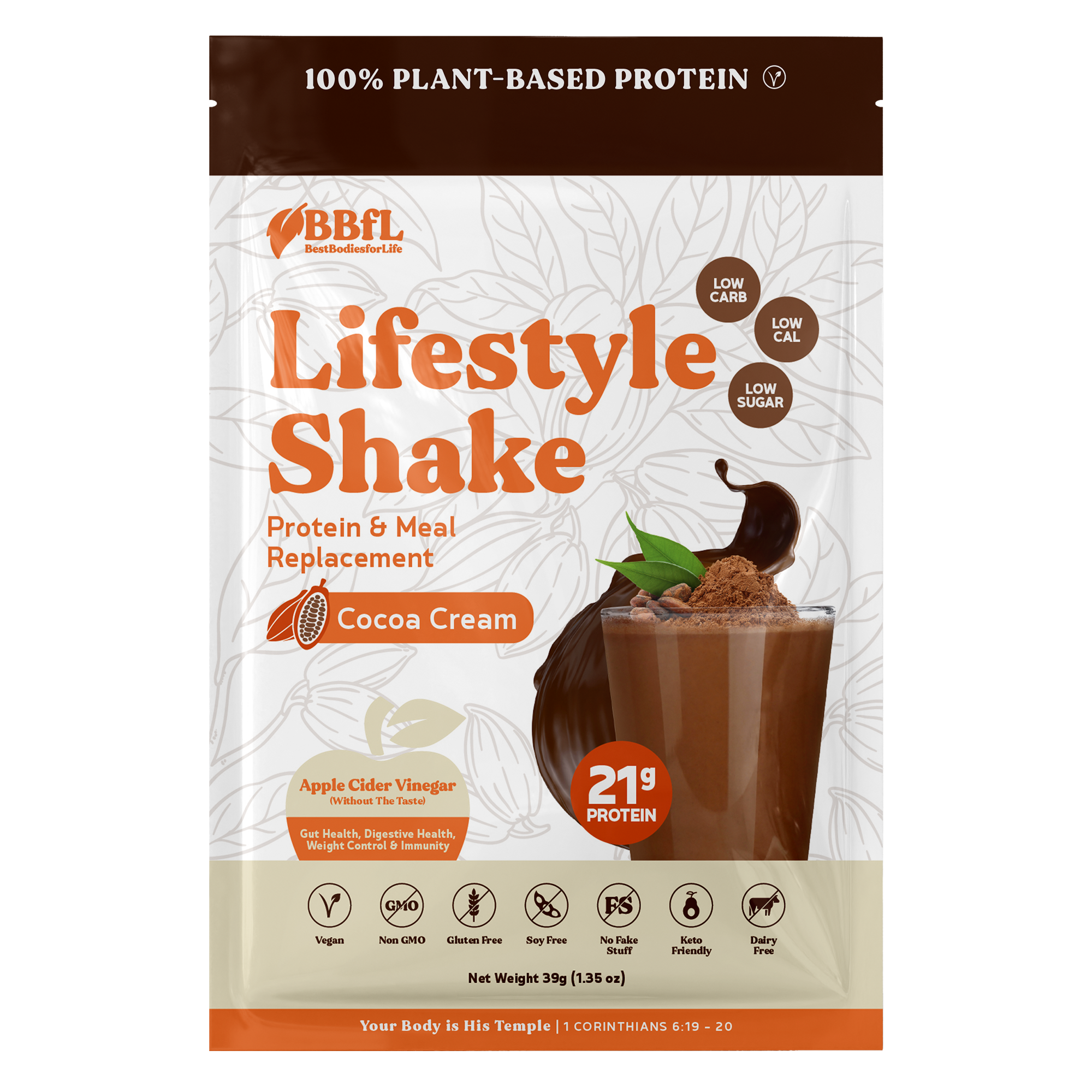 BBfL Plant Based Life style Protein Meal Replacement Shake, Cocoa (10 Pack)