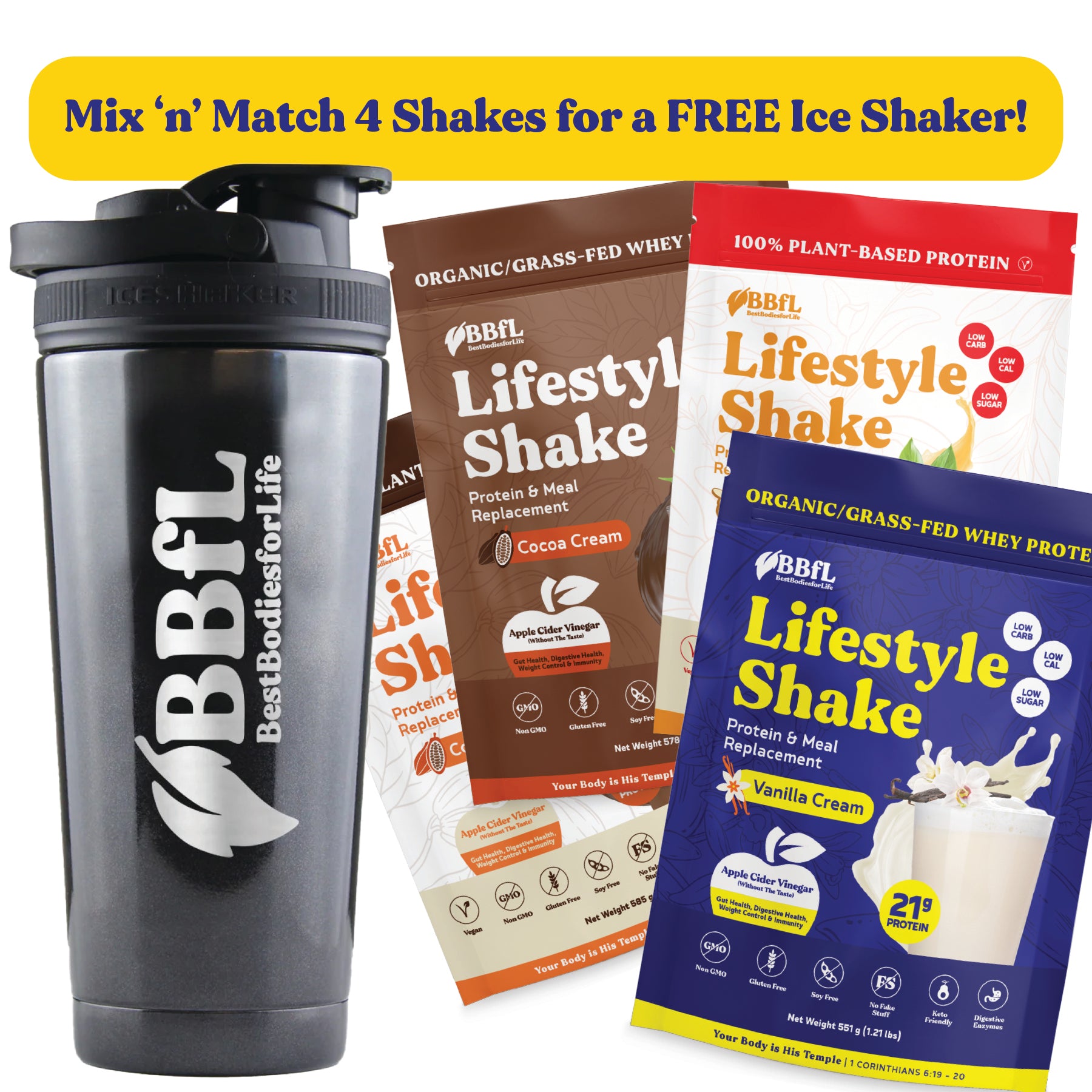 4-Pack BBfL Lifestyle Shakes + FREE Ice Shaker Bundle (Save 20%)