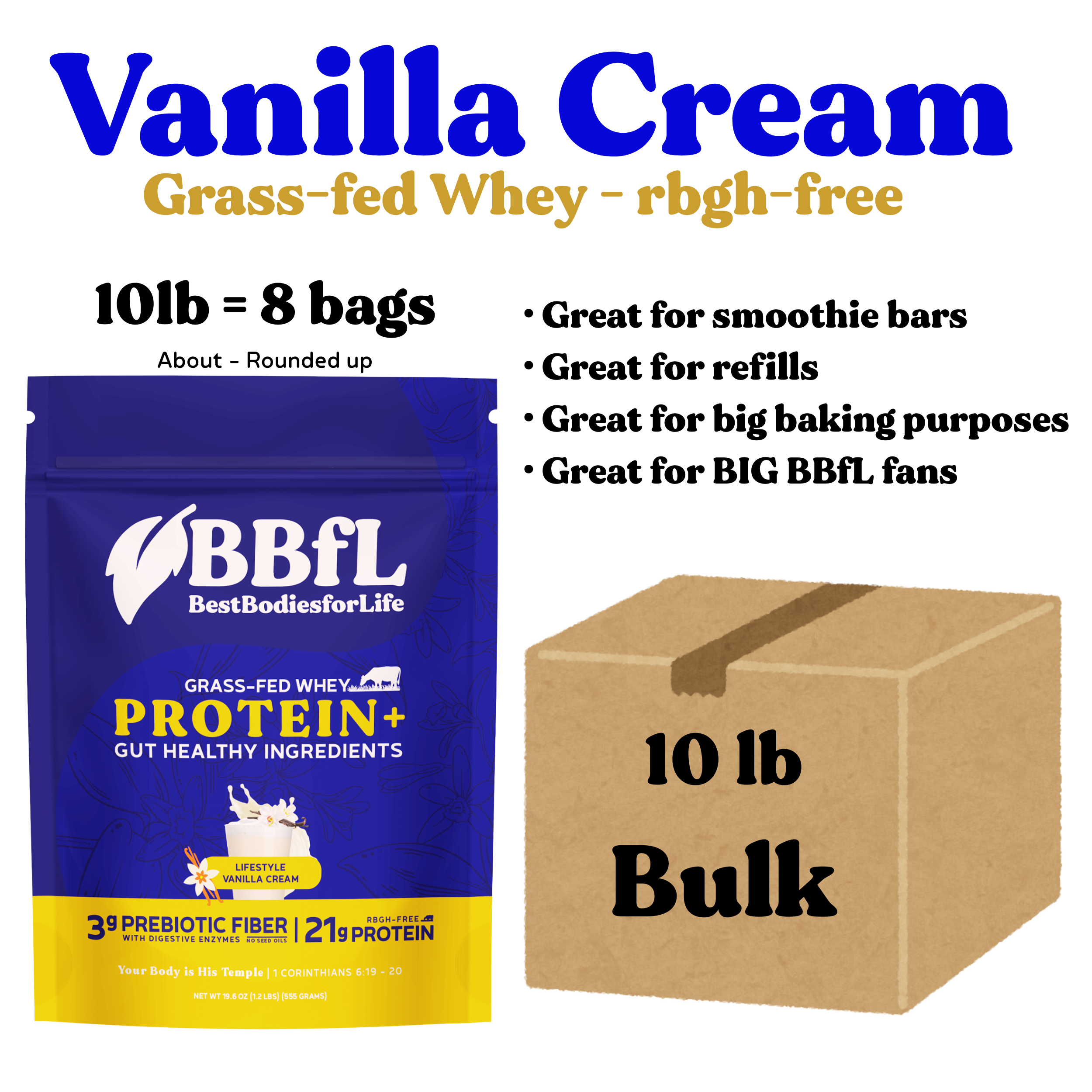 BBfL Vanilla Cream (Whey Based) - BULK OPTION (10lb) - **FREE SHIPPING** - BestBodiesforLife