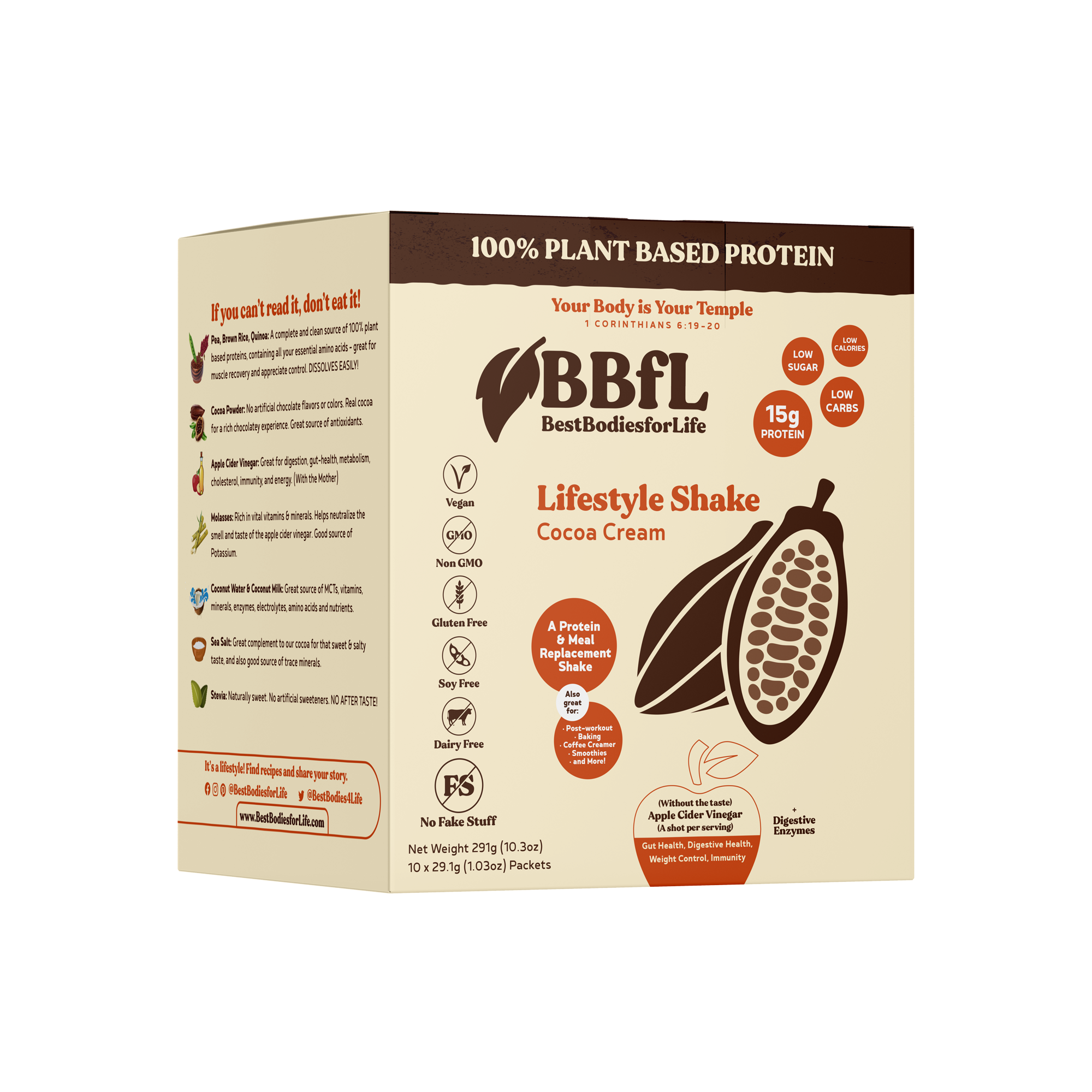 BBfL Plant Based Life style Protein Meal Replacement Shake, Cocoa (10 Pack)