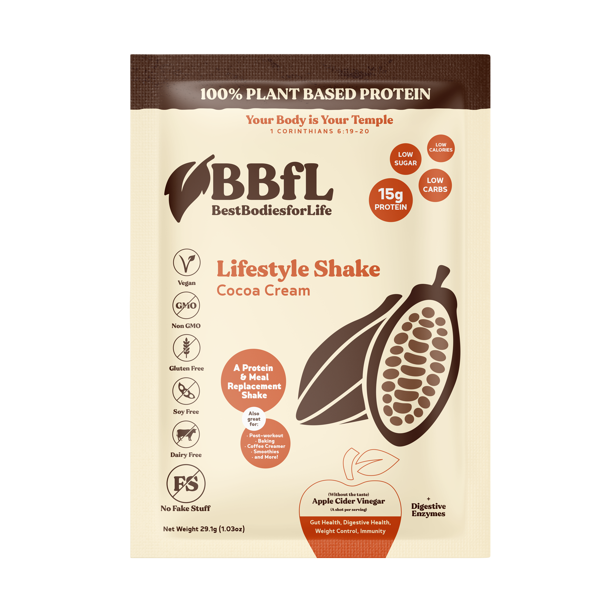 BBfL Plant Based Life style Protein Meal Replacement Shake, Cocoa (10 Pack)